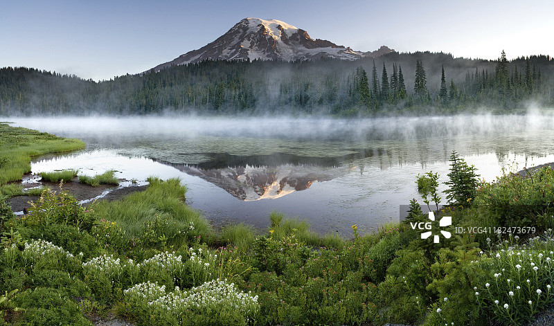 雷尼尔山雾蒙蒙的日出倒影全景图片素材