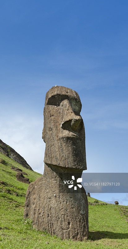 智利复活节岛拉诺拉拉库的摩艾石像和蓝天图片素材