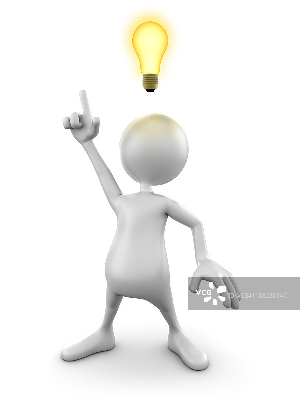 有想法灯泡的3D男人，带剪切路径图片素材