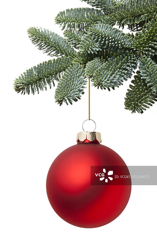 挂在冷杉树枝上的圣诞球图片素材