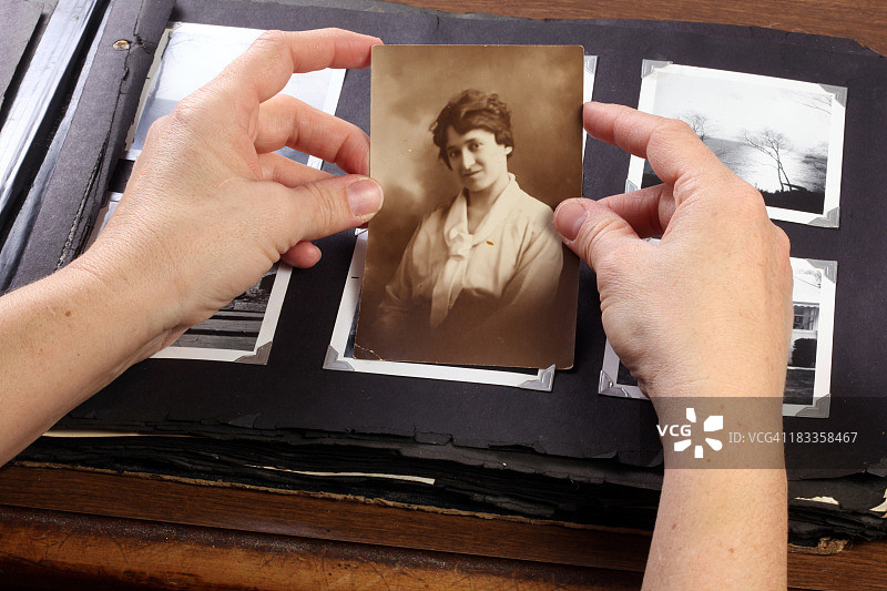 手持棕褐色照片，置于相册上方图片素材