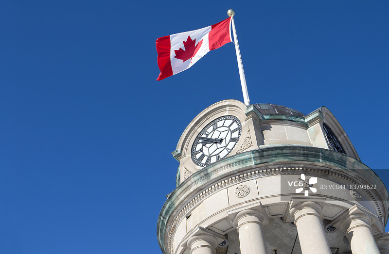 仰视视角下的加拿大国旗与钟楼图片素材