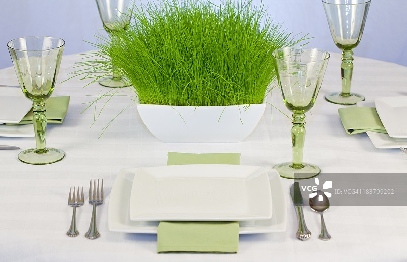优雅的环保餐桌与草地装饰图片素材