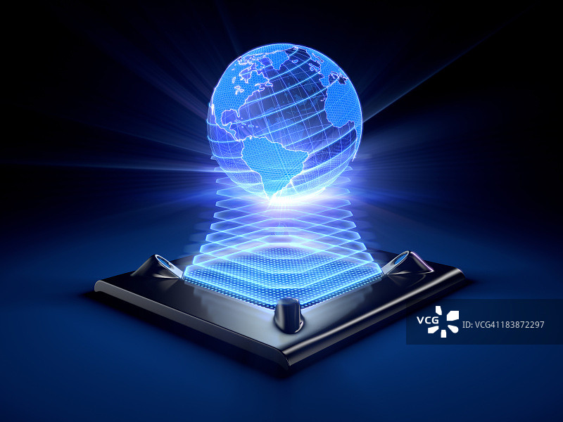 桌面设备投射的地球全息图图片素材