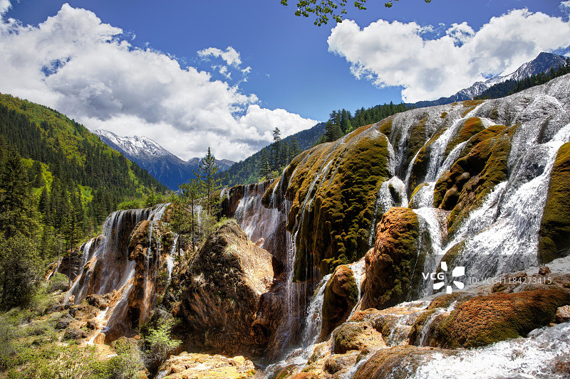 中国四川九寨沟珍珠滩瀑布风光图片素材