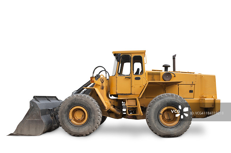 白色背景上的黄色挖掘机图片素材