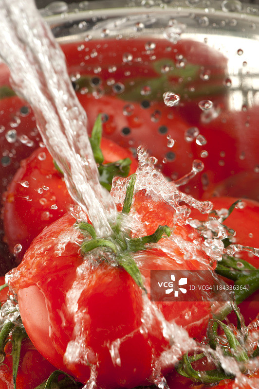 在滤水器中清洗新鲜成熟的西红柿图片素材