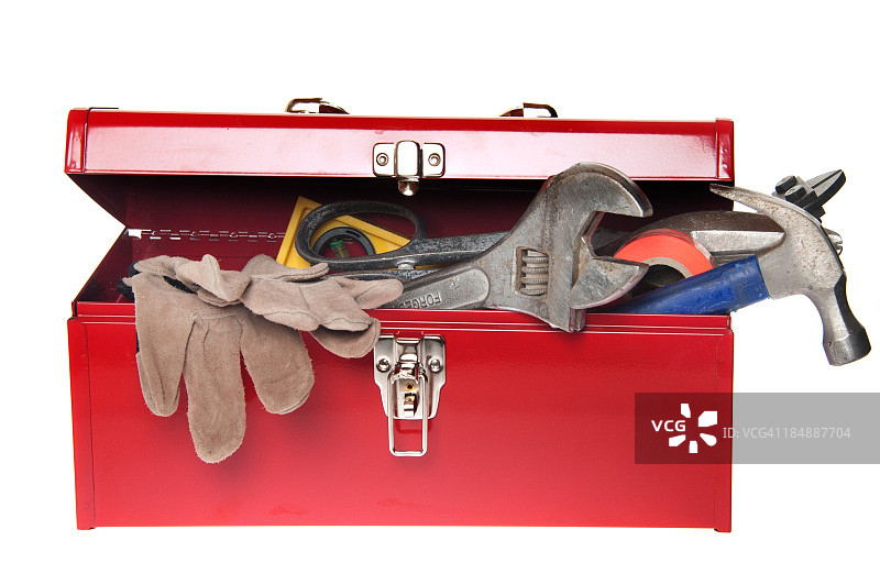 装有各种工具的红色工具箱图片素材