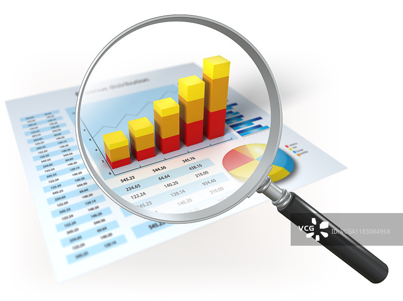 白色背景上的金融数据和放大镜图片素材