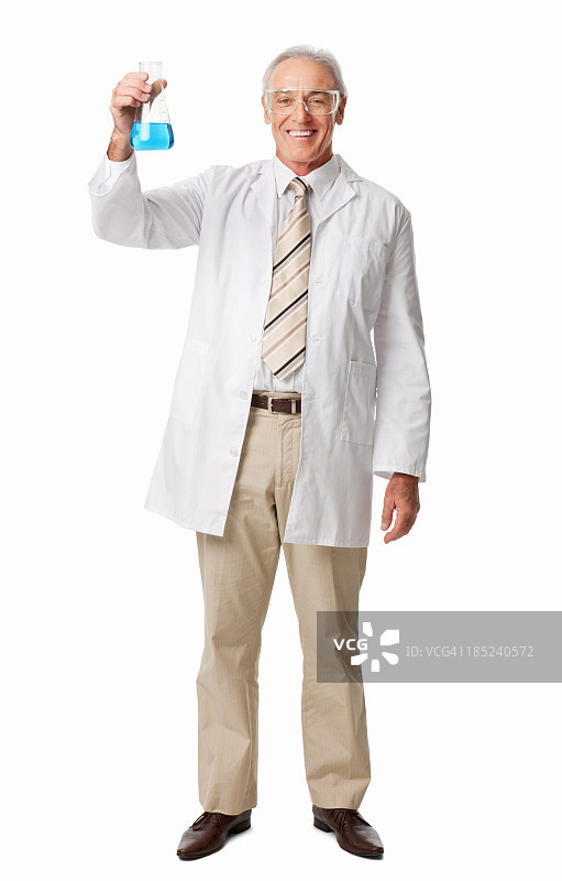 微笑的化学家拿着一个锥形瓶 - 孤立图片素材