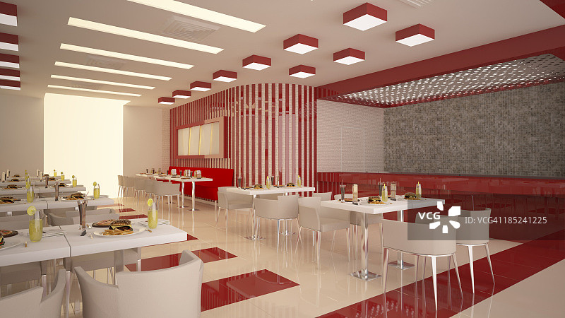 以白色和红色装饰的餐厅或小餐馆图片素材