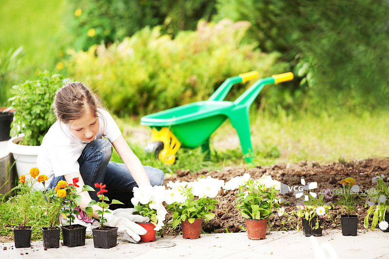种植鲜花的小女孩图片素材