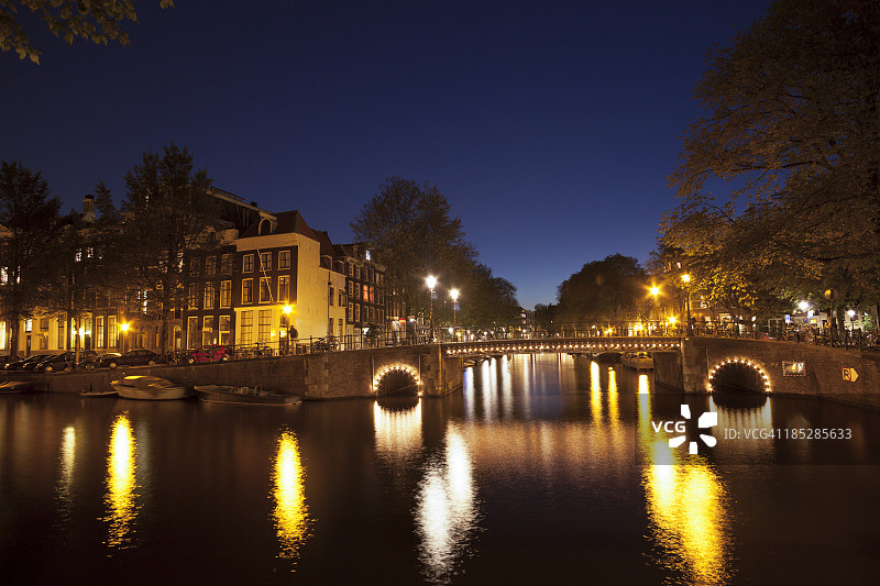 荷兰阿姆斯特丹运河桥夜景倒影图片素材
