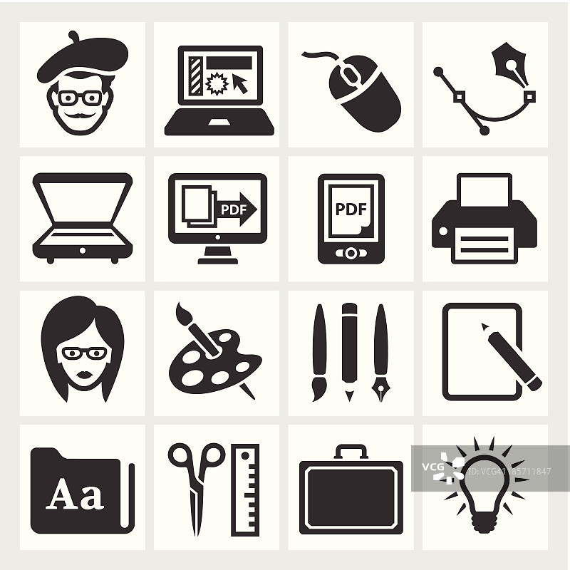 平面设计师和计算机插图黑白图标集图片素材