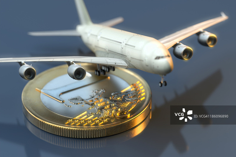 欧元硬币上的飞机图片素材