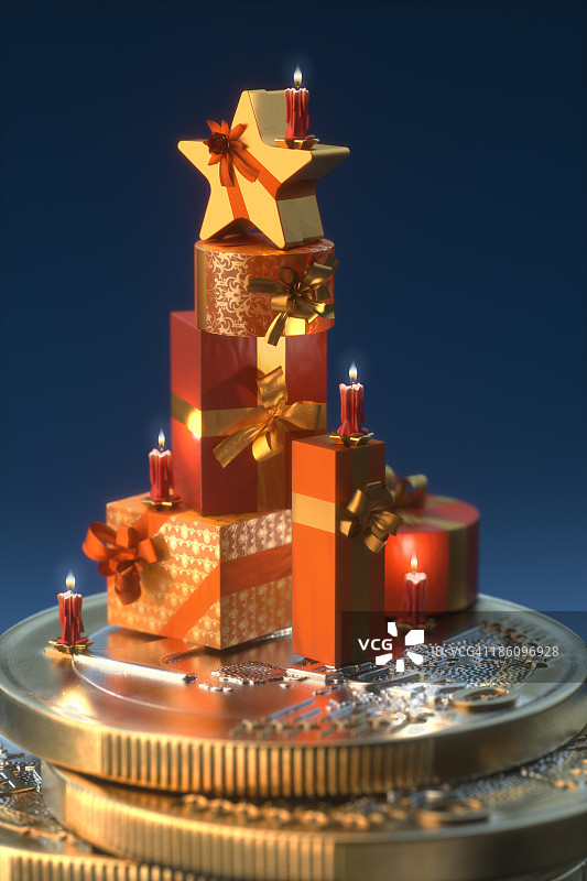 堆叠在欧元硬币上的圣诞礼品盒图片素材