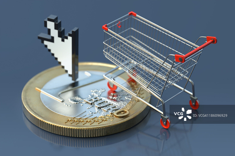 带有购物车和鼠标箭头的欧元硬币图片素材