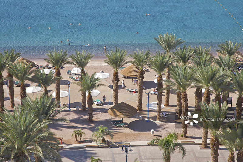 高处俯瞰棕榈树、海滩和红海图片素材
