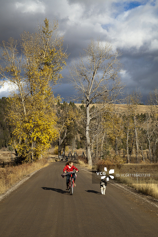 在碎石路上带狗骑自行车的女孩图片素材