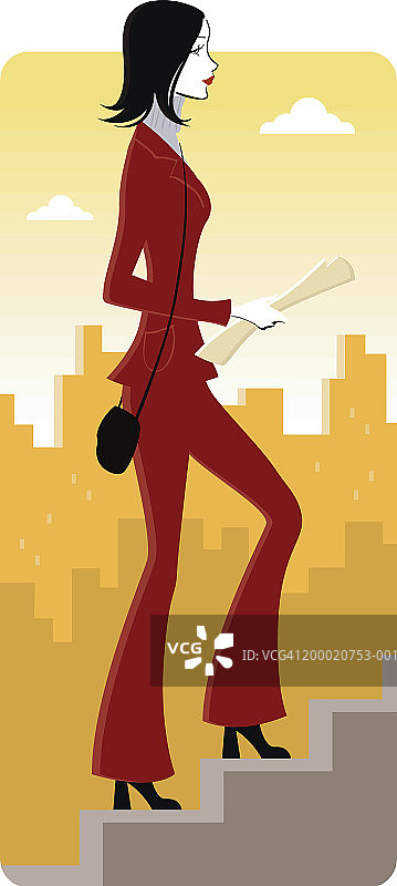 女人走上楼梯，侧视图图片素材