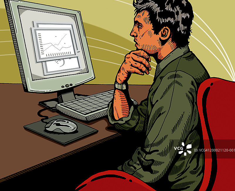 男人看着电脑上的图表（侧面）图片素材