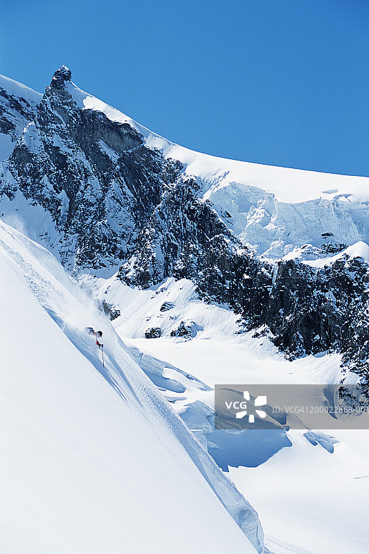 瑞士萨斯费，深粉雪上的滑雪者远景图片素材