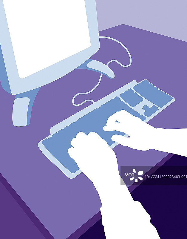 使用电脑的人，手在键盘上的特写，高角度视图图片素材