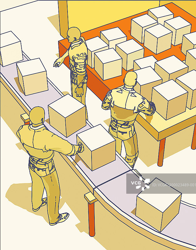 仓库工作人员在传送带上分拣箱子（高角度拍摄）图片素材