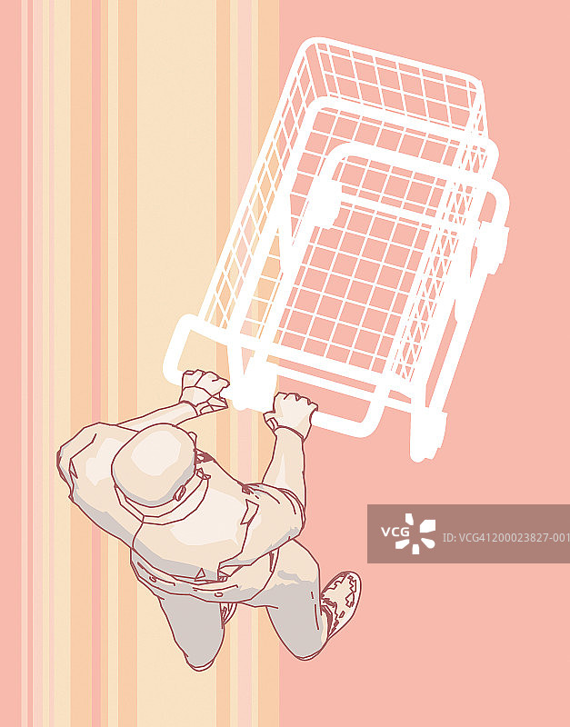 俯视角度：男子推着空购物车图片素材