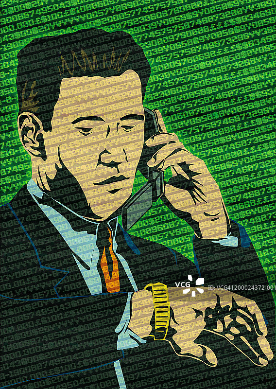 使用手机、看手表，叠加数据流的商人图片素材