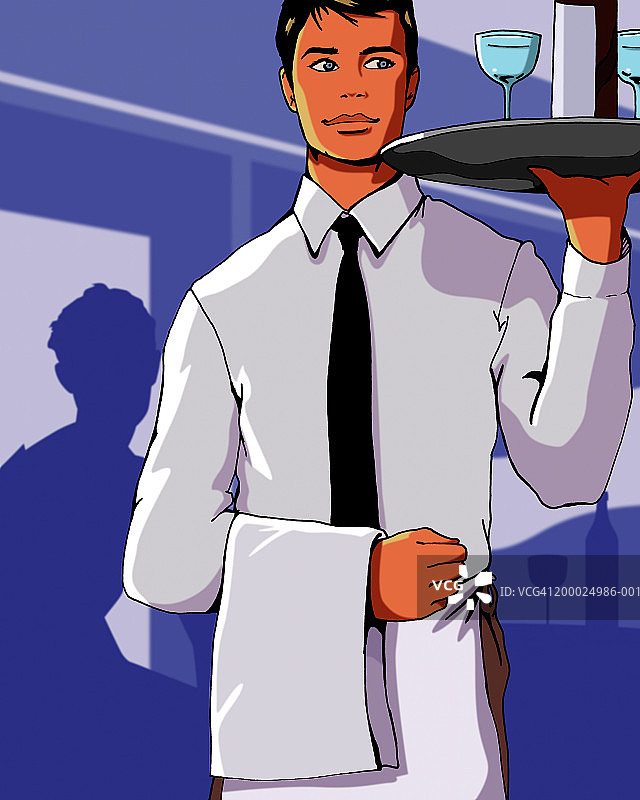 服务员端着装有葡萄酒瓶和两个玻璃杯的托盘图片素材