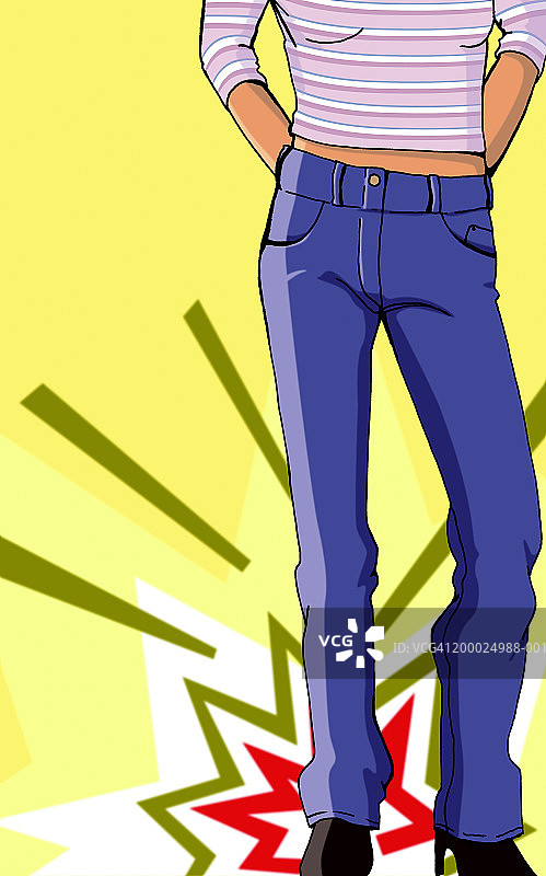 穿蓝色牛仔裤的女人，双手插在后口袋里，低角度拍摄图片素材