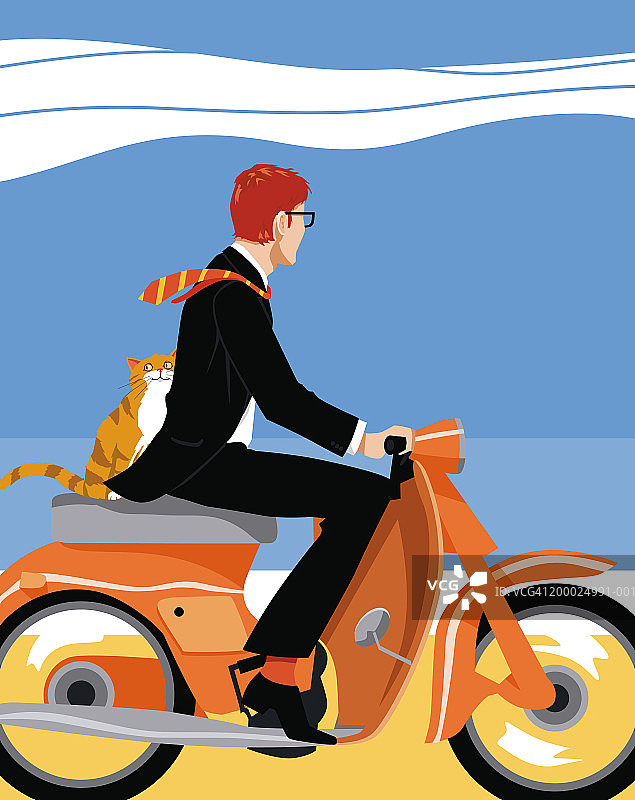 商人和骑着轻便摩托车的猫图片素材
