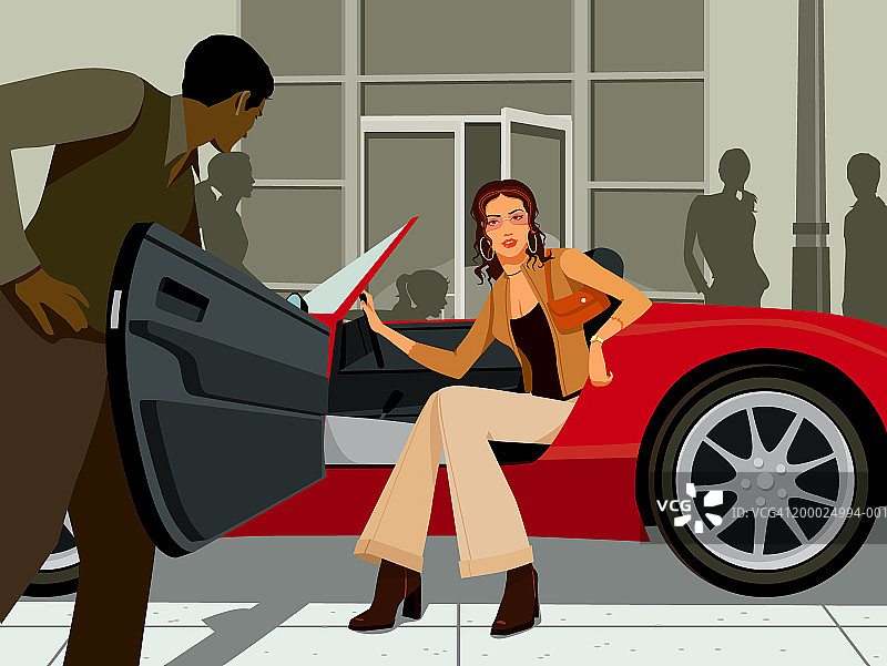 年轻男人帮助年轻女人从红色跑车的驾驶座出来图片素材