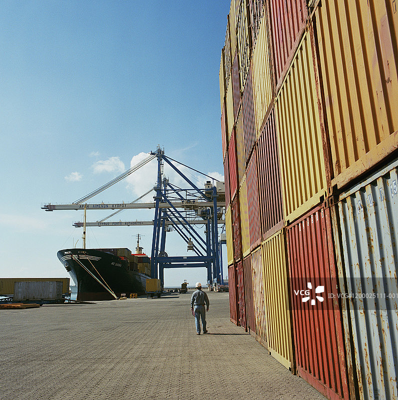 船只停靠港口，移动式起重机卸载集装箱图片素材