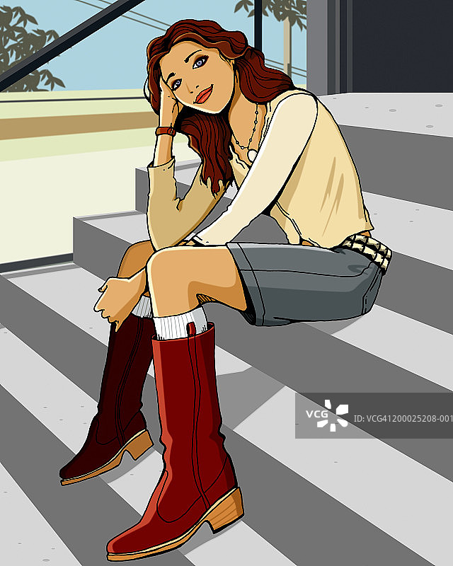 年轻女子坐在建筑物的前台阶上图片素材