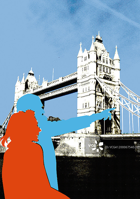 情侣指向伦敦塔桥剪影图片素材