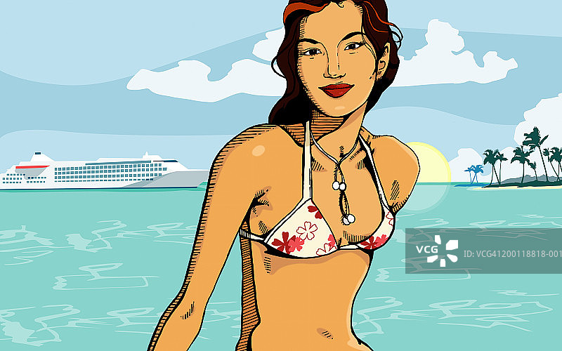 水边的比基尼年轻女人肖像图片素材