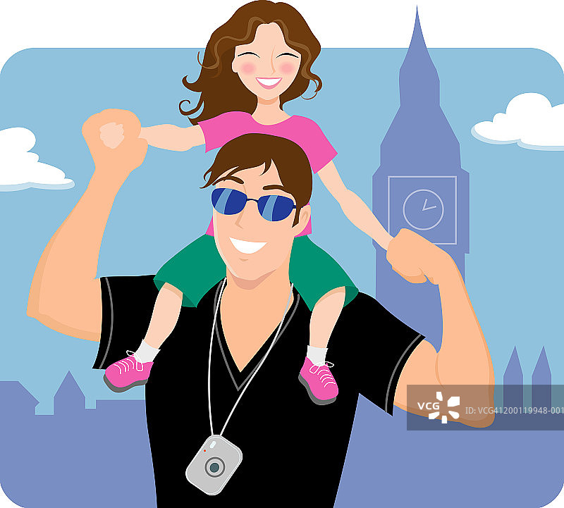 父亲将女儿(5-7岁)扛在肩上，肖像照图片素材