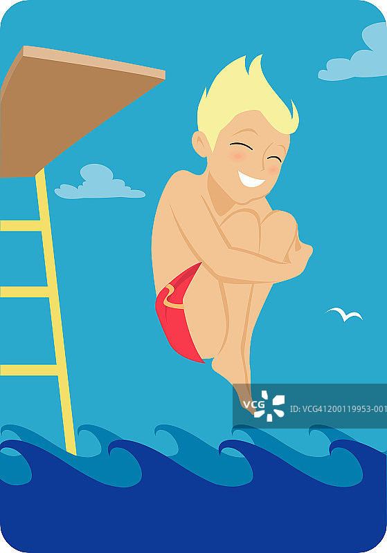 在跳板上做炮弹跳水的男孩（7-9岁）图片素材