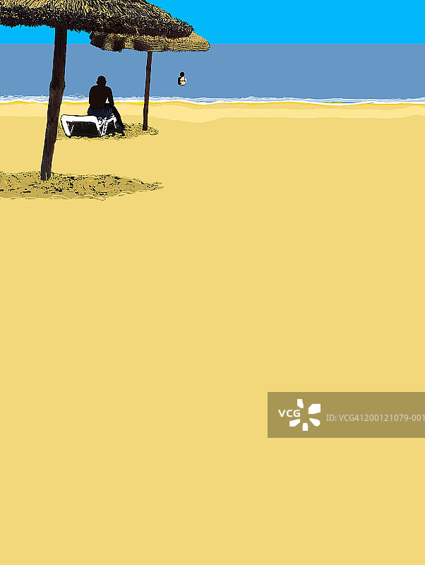 男人坐在海滩遮阳伞下，女人在海中图片素材