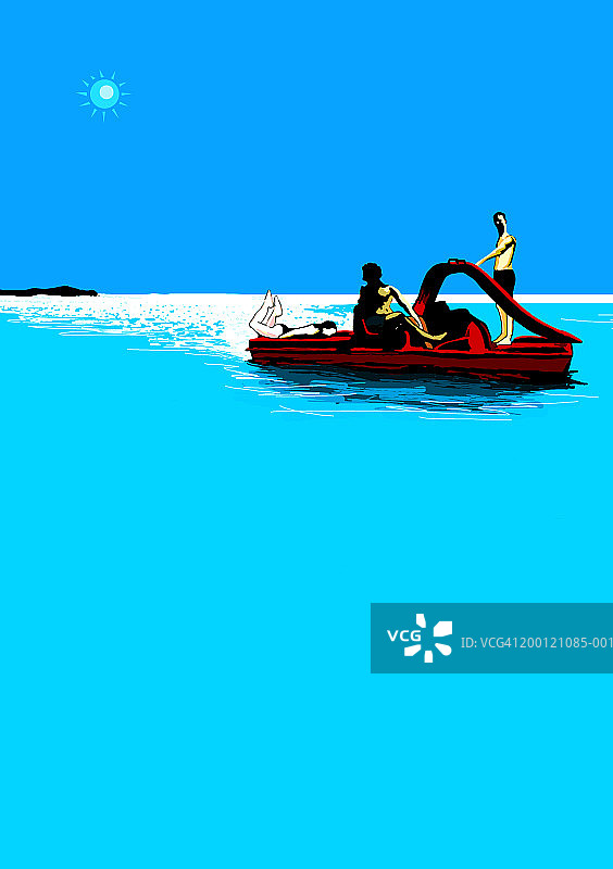 两名男子和一名女子在海上漂浮的脚踏船上图片素材