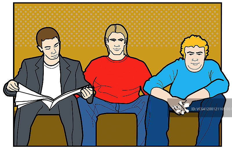 三名男子并排坐着，一人正在阅读文件图片素材