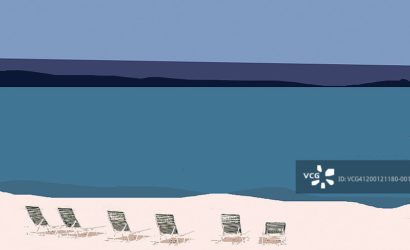 沙滩上的躺椅排列图片素材