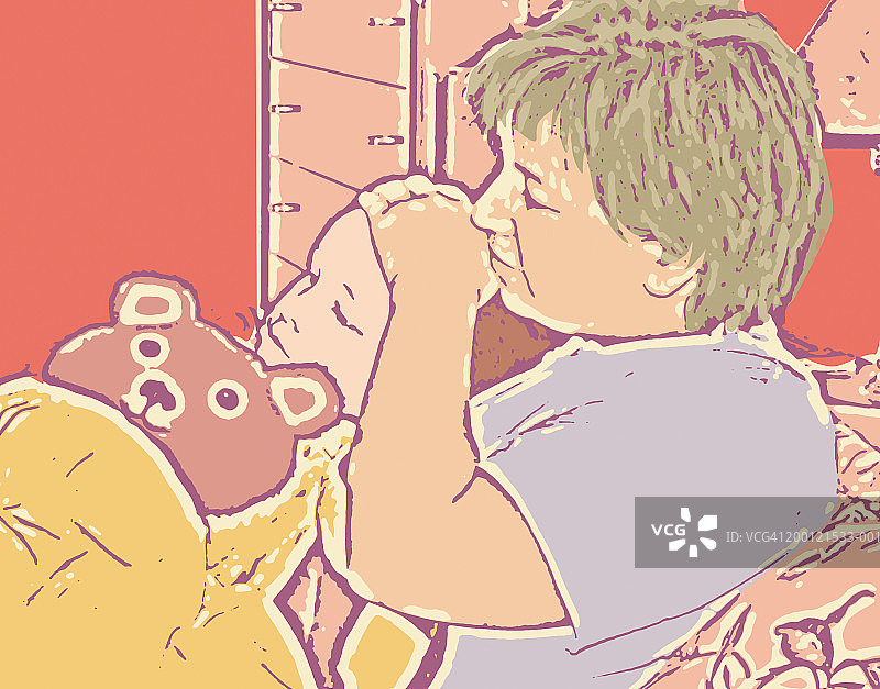 母亲在床上摸儿子的额头图片素材