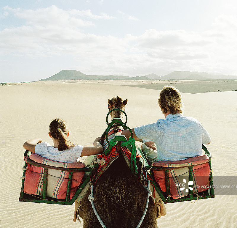 父亲和女儿(8-10岁)骑骆驼，后视图图片素材