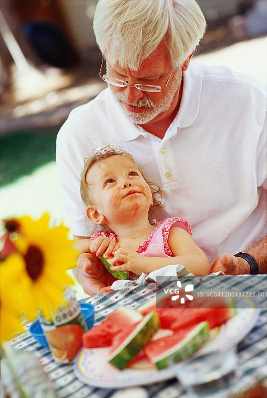 在户外，幼儿女孩（15-18个月）坐在爷爷的腿上图片素材