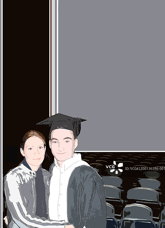 在礼堂里的情侣，男子戴着方帽，面带微笑图片素材