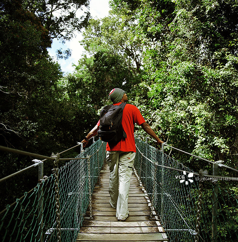 男人走过木板悬索桥的背影图片素材