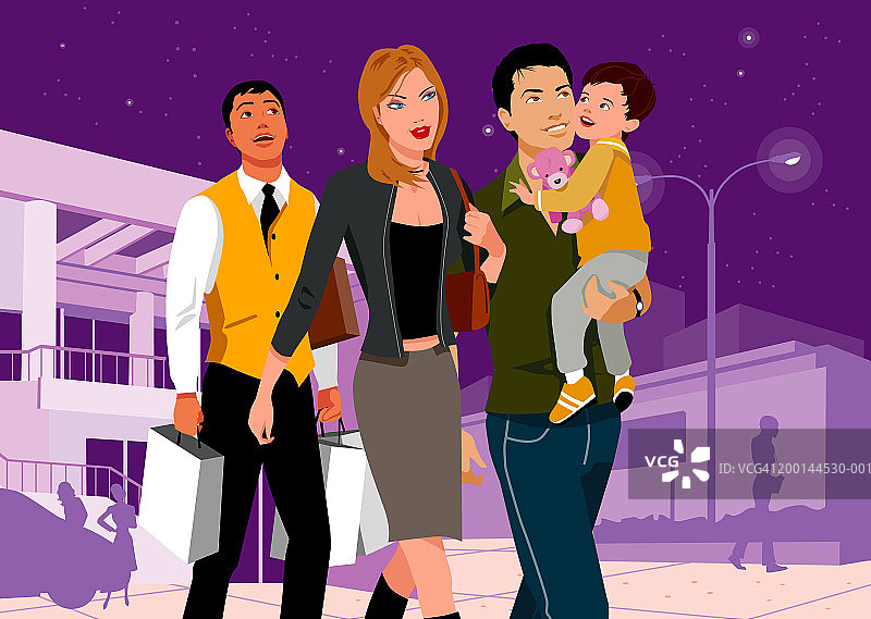 年轻夫妇和儿子被店员拿着购物袋跟踪图片素材